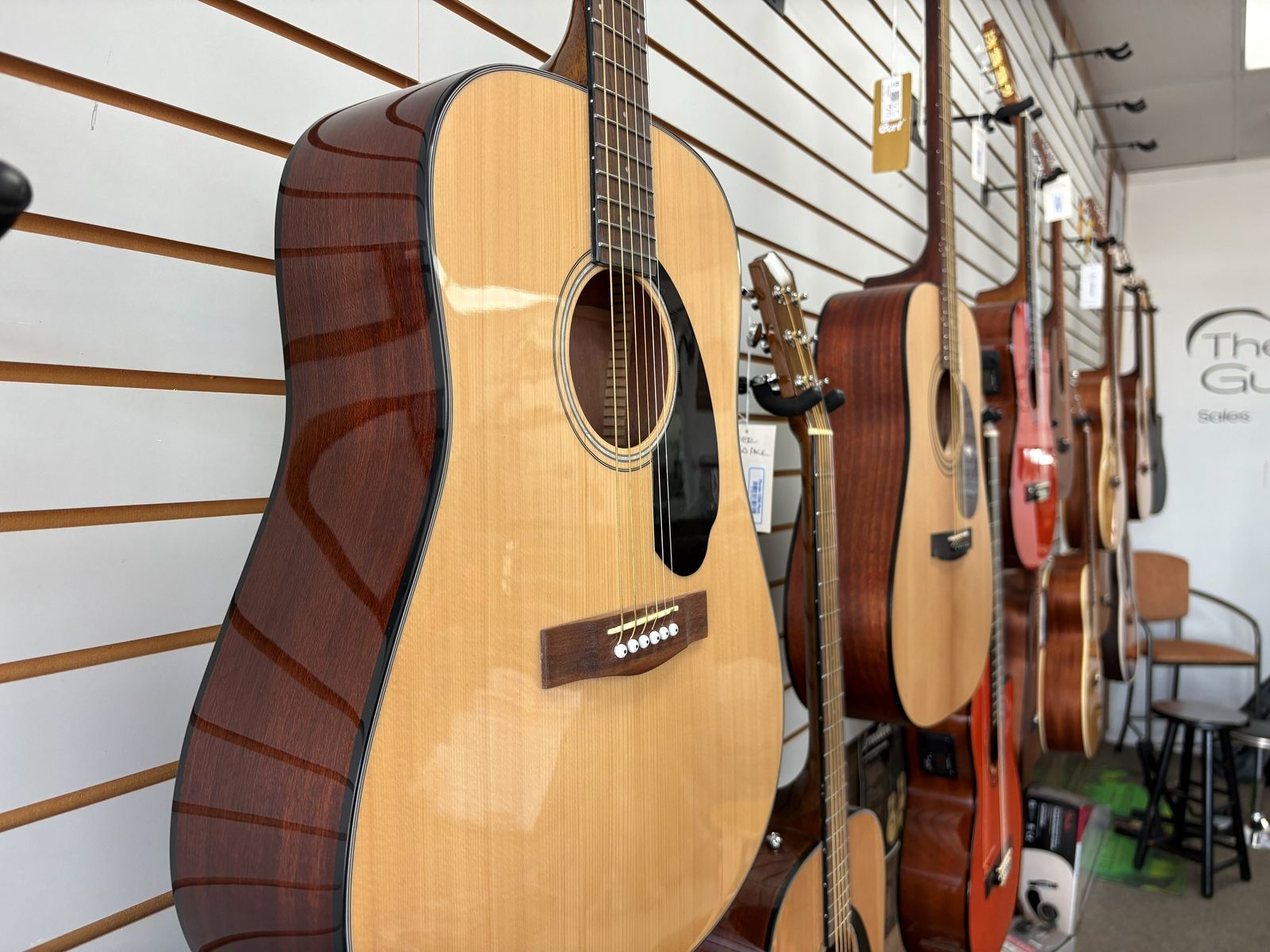Close view of a natural spruce-top dreadnought hanging beside a mahogany cutaway