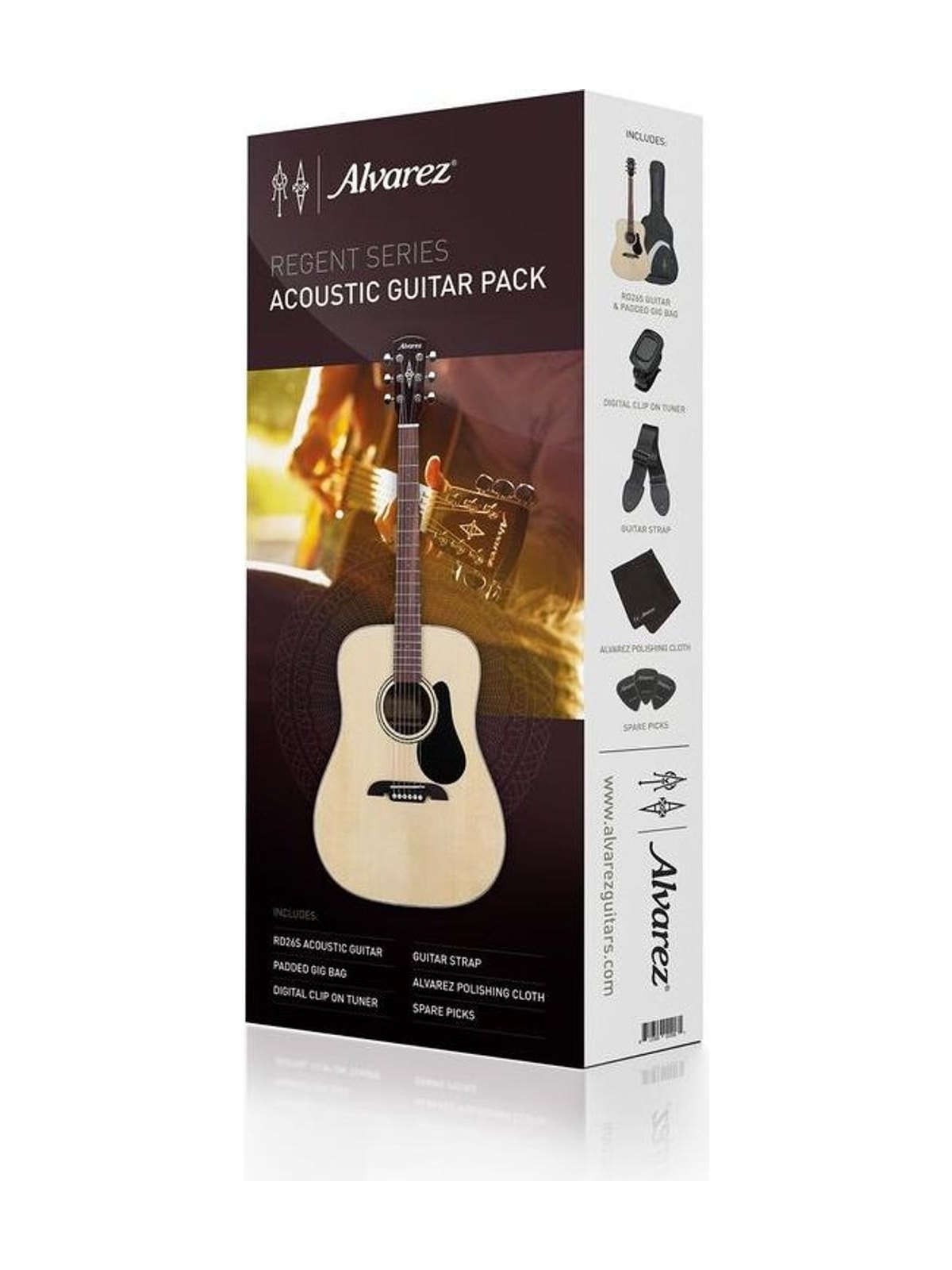 Alvarez Regent Series acoustic guitar pack box showing the RD26S guitar and included accessories