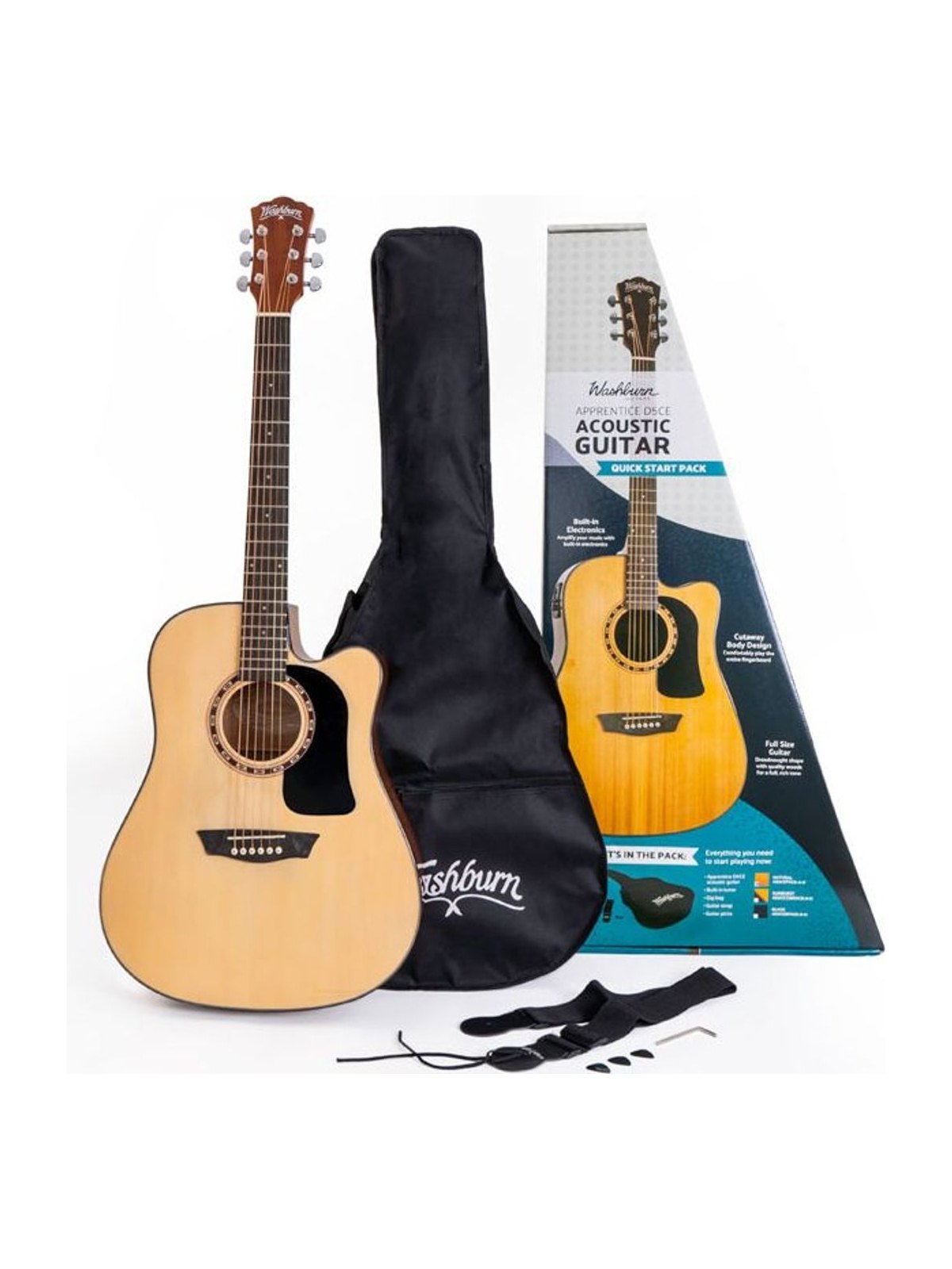 Washburn Apprentice D5CE acoustic guitar beside its gig bag, strap, picks, and Quick Start Pack box